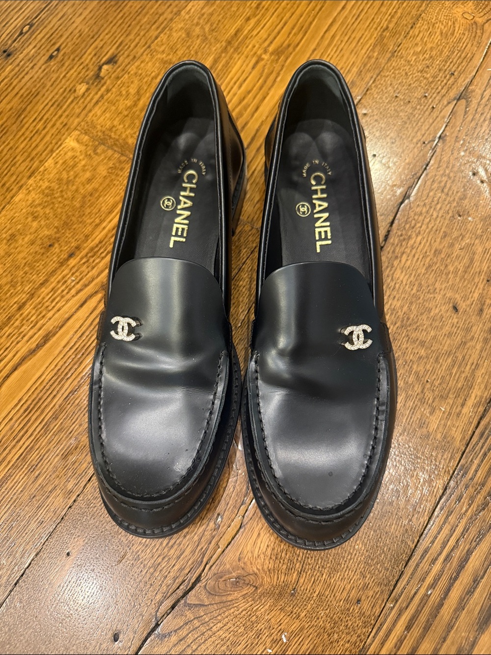 CHANEL Black Leather CC-Emblem Slip-On Loafers with Silver-Tone Logos